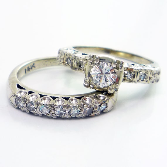 14K Vintage Retro 1950s Diamond Engagement Ring Wedding Band Set