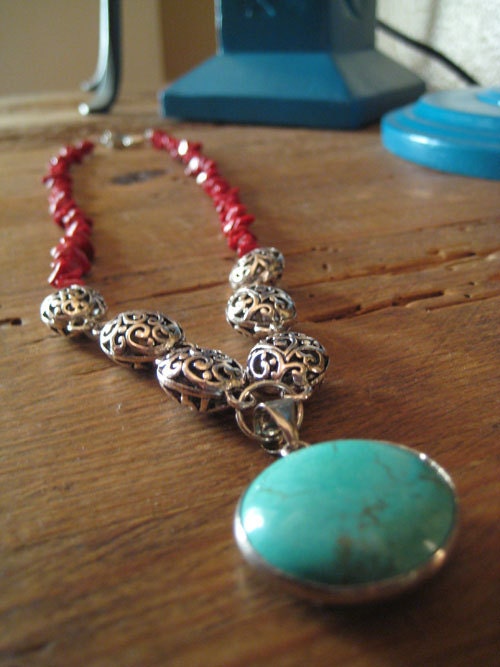 Coral and silver necklace with turquoise pendant