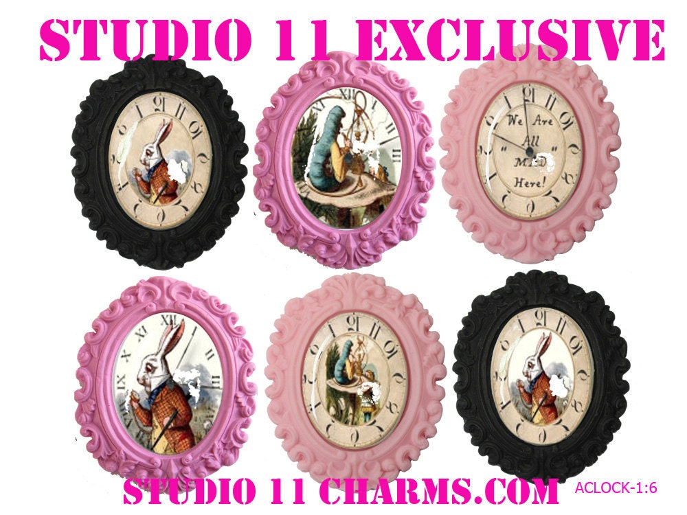 6 pcs. (40x30mm oval) Alice in Wonderland Backward Clock Cameo Cabochons Pendant Charms. Vintage Inspired. A-1:6