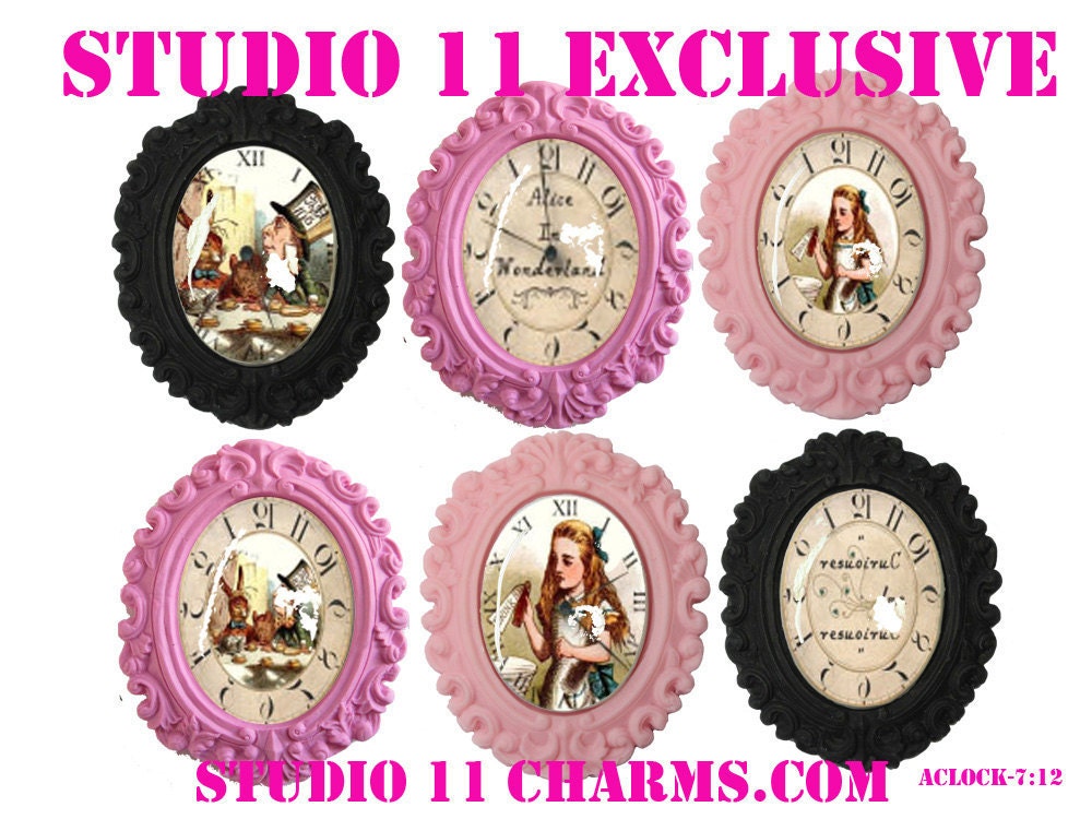 6 pcs. (40x30mm oval) Alice in Wonderland Backward Clock Cameo Cabochons Pendant Charms. Vintage Inspired. A-7:12
