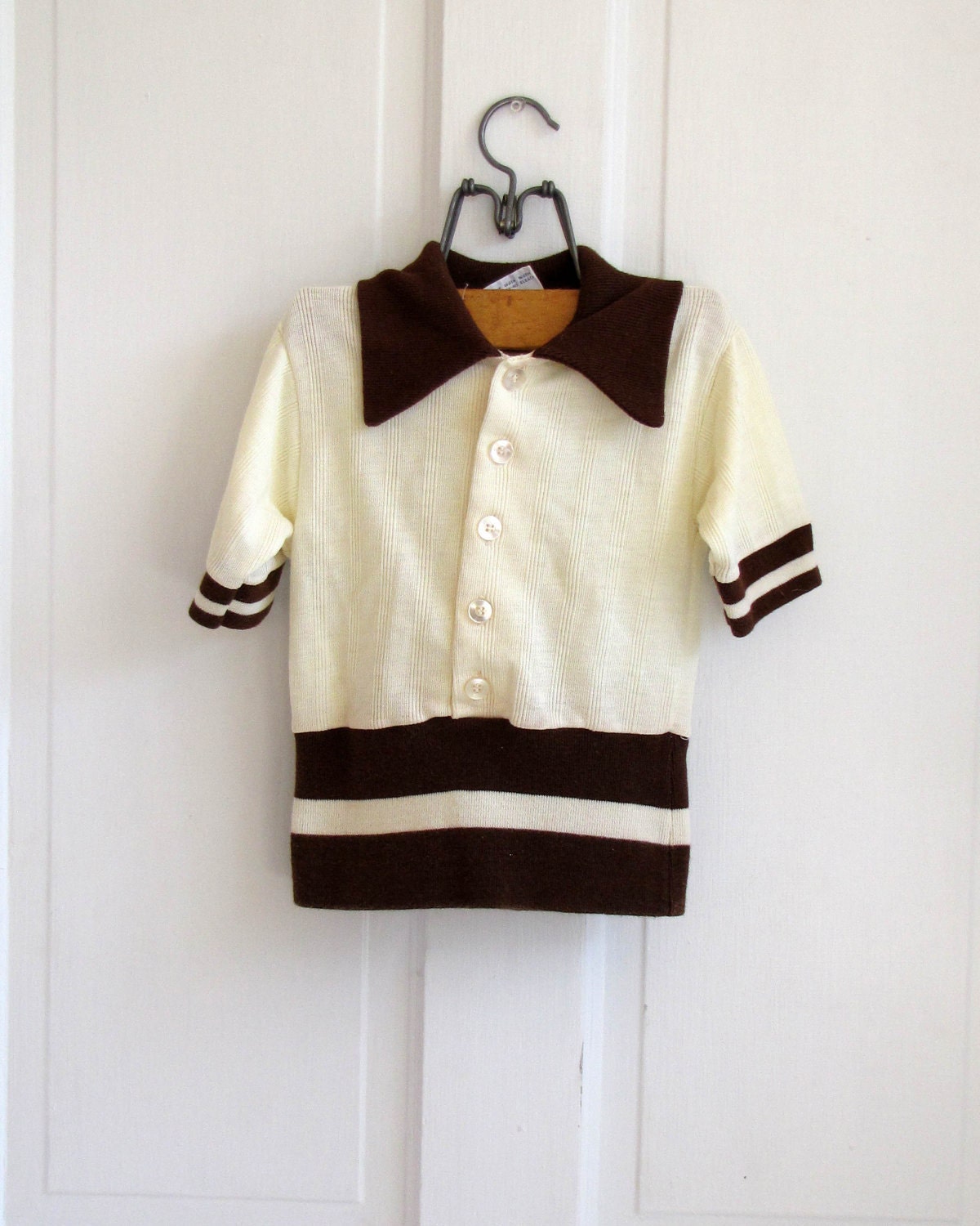 Vintage 70's Retro Brown Stripe Knit Button Down (size 5-8)