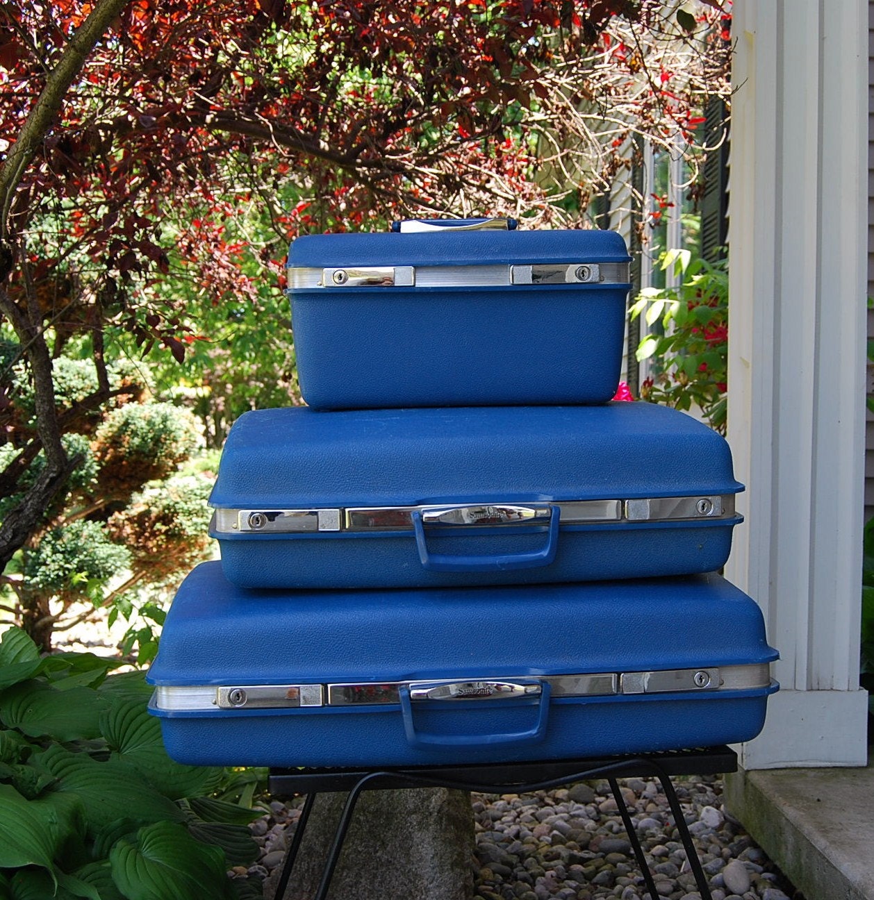 Vintage Ocean Blue 1970s Suitcase Set