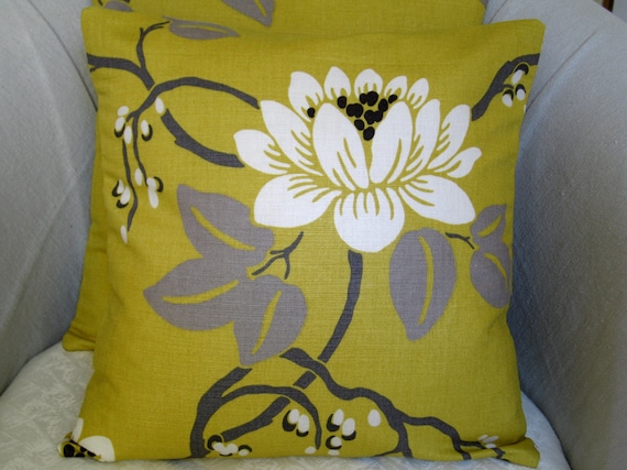 2 handmade 16" cushion / pillow covers, throw pillows, pillow shams in contemporary,modern designer Romo mustard fabric with flower design
