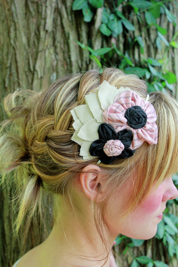 Flower Cluster Headband - Peach, Black and Tan