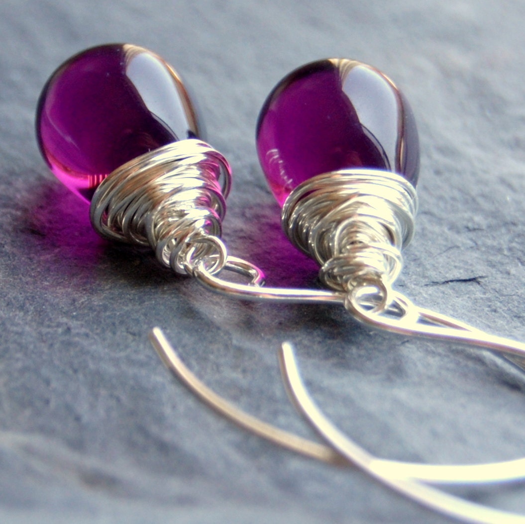 Earrings Handcrafted of Purple Amethyst Czech Glass Wire Wrapped Tear Drops on Handmade Sterling Silver Earwires