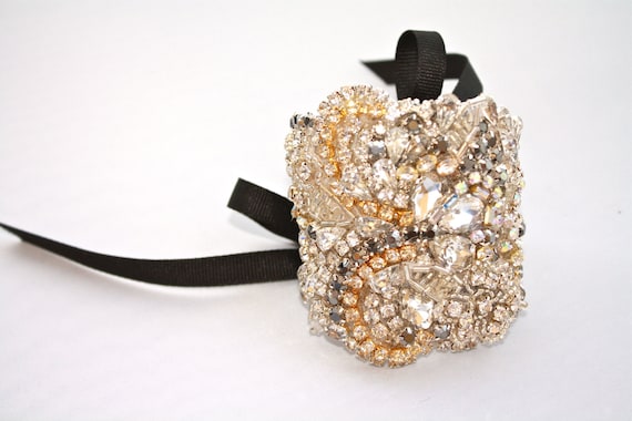 Made to Order Standard Clear Crystal Statement Cuff With Custom Ribbon Tie