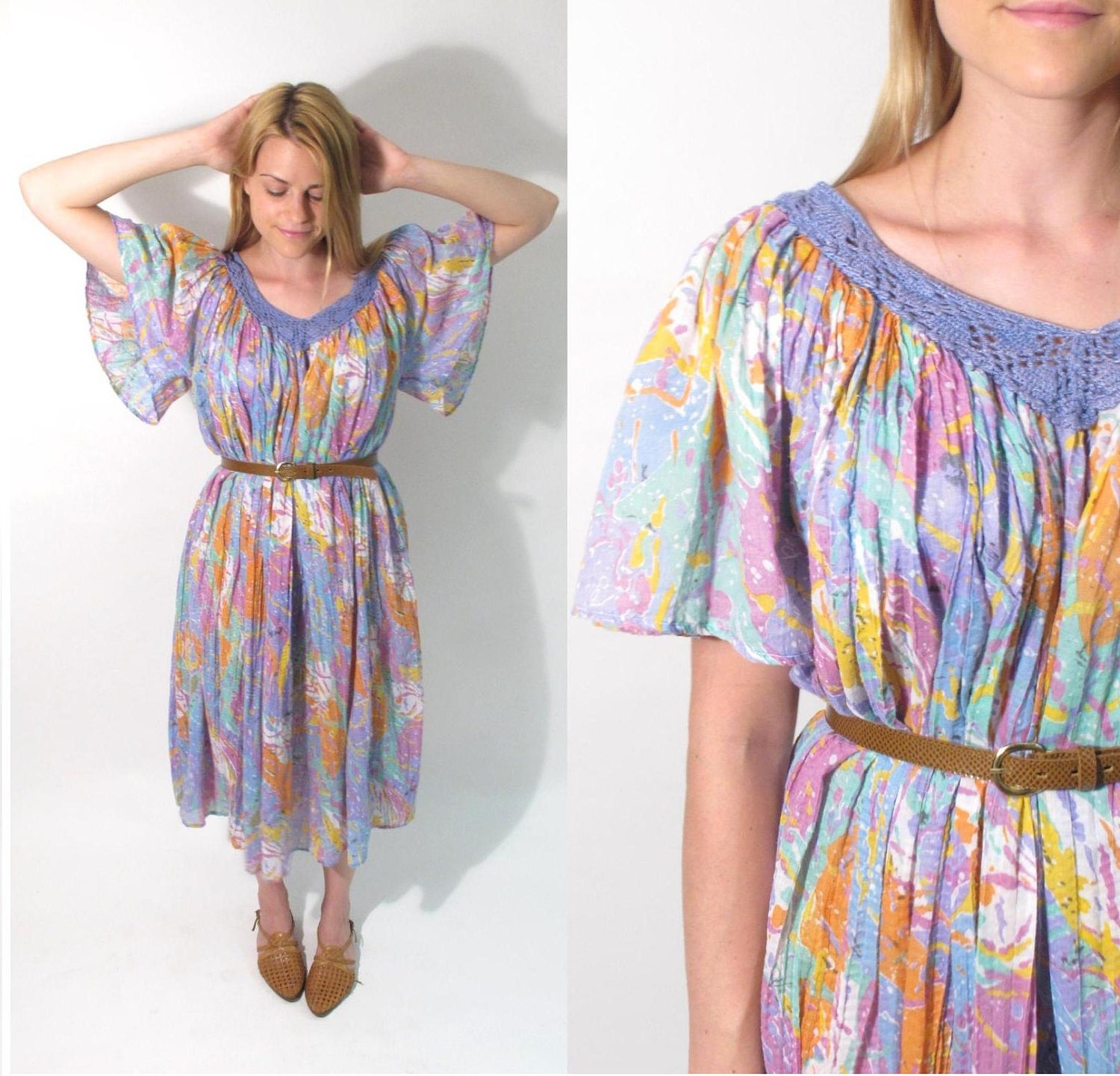 Vintage 1970s-80s Sheer Cotton Flowy Oversize Dress with Crochet V-Neckline.