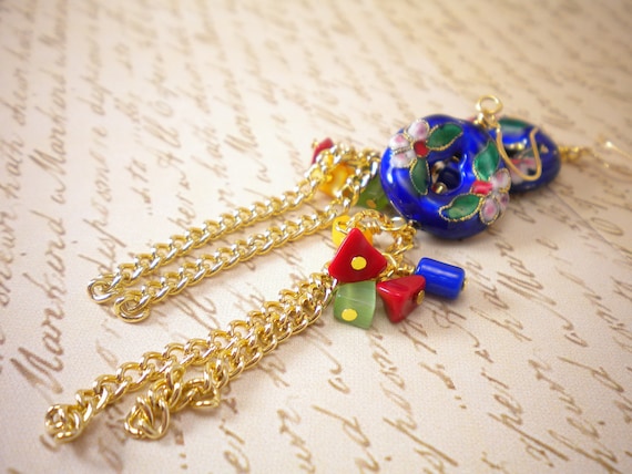 Blue Asian Gold Cloisonne Earrings