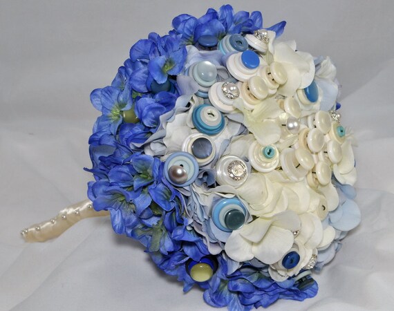 Two-Tone Ivory Blue Hydrangea Button Bouquet