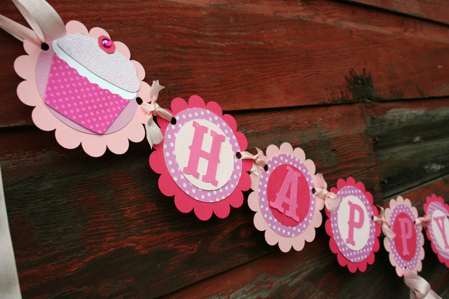 My Little Cupcake scalloped party banner in polka dot pink personalized