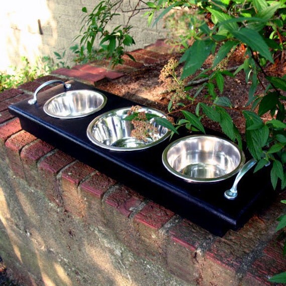 Black Elevated Small Dog or Cat Feeder with Stainless Steel Bowls