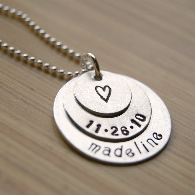 Layered Hand Stamped Sterling Silver Child's Name and Birthdate Necklace for mom or grandma