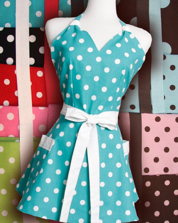 Pick your Polka dot color get a Vintage inspired apron The Elizabeth by Julie flirty retro Polka Dots your way