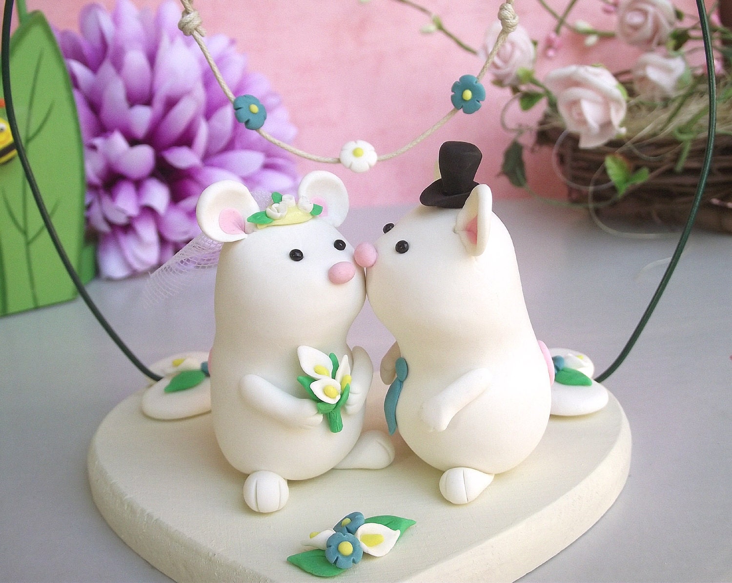 Unique mice wedding cake topper, painted wooden base and floral decoration