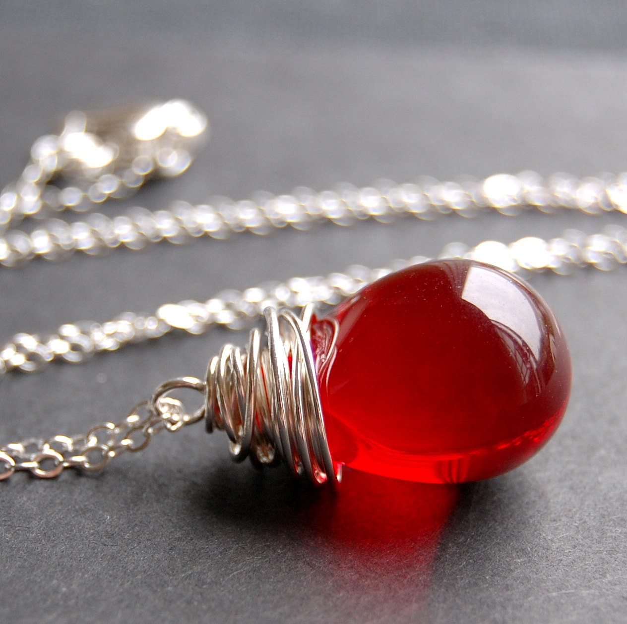 Pendant Necklace Handcrafted of Red Smooth Glass Wire Wrapped Teardrop on Sterling Silver Cable Chain