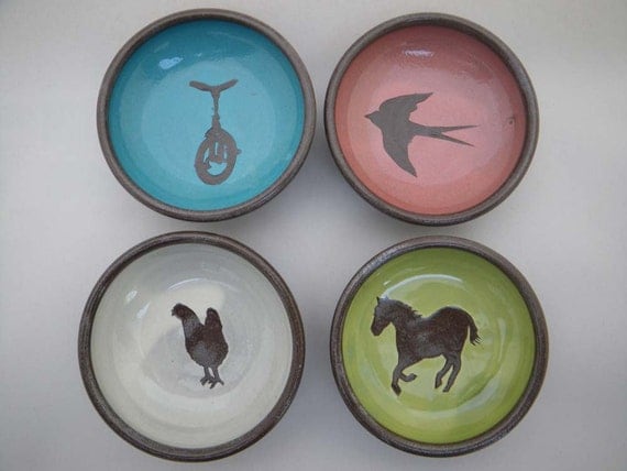set of four colour dipper bowls : unicycle, swallow, chicken, horse
