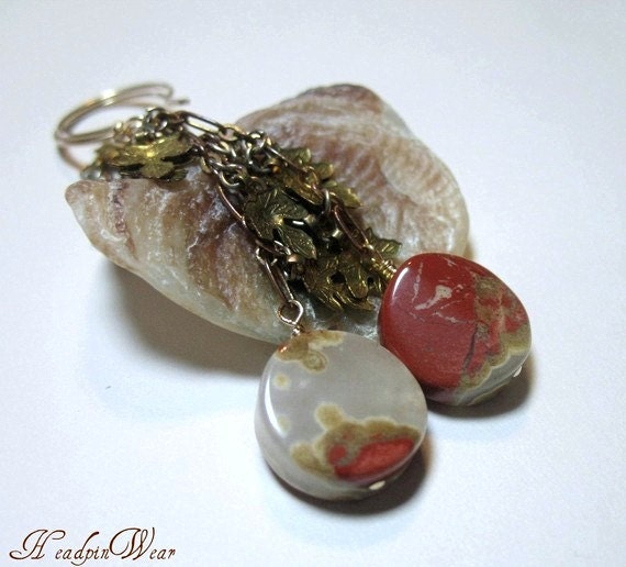 Red River Jasper Coins combined with Vintage Gold Leaf Chain Earrings