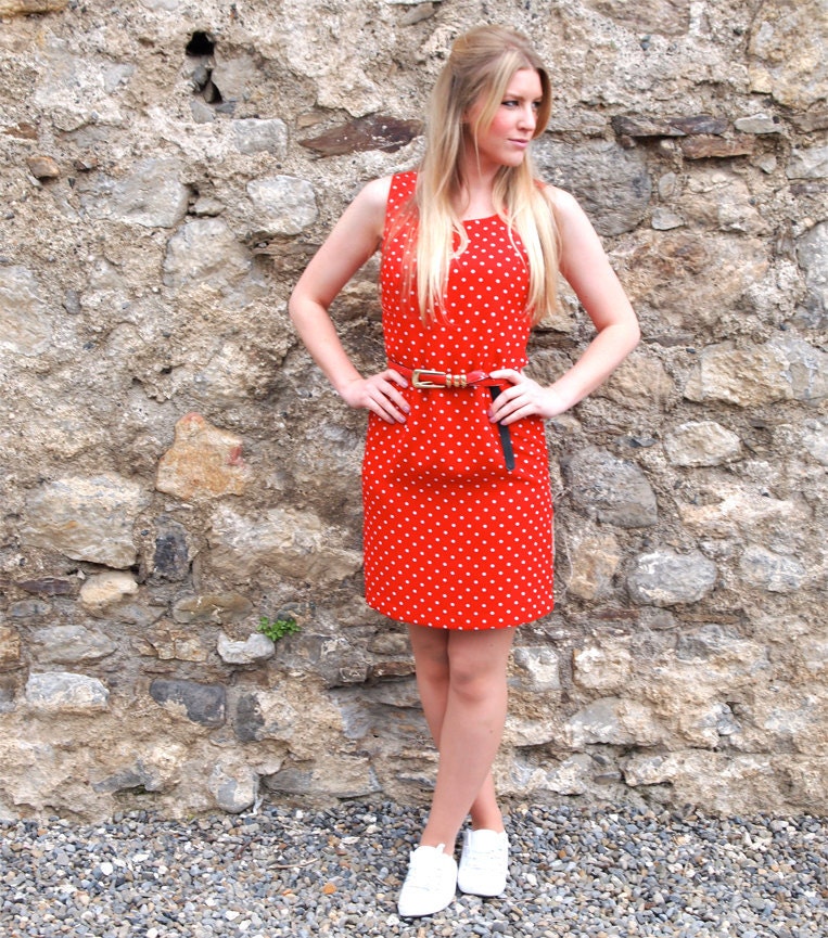 Kathrine, French Vintage, Cherry Red Polka Dot Shift Mini Dress from Paris
