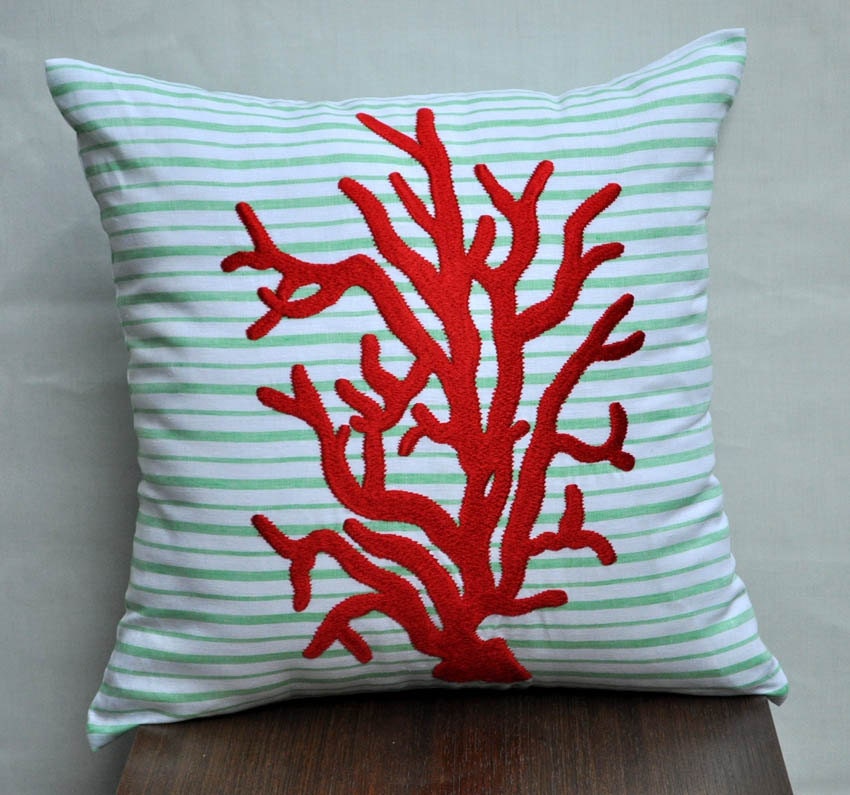 Red Coral Reef - Throw Pillow Cover - 18" x 18" Linen Pillow Cover - Green and White Stripe Linen with Red Coral Reef Embroidery