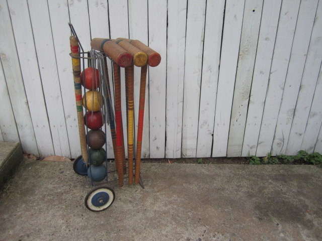 Vintage Complete Croquet Set with Rolling Cart