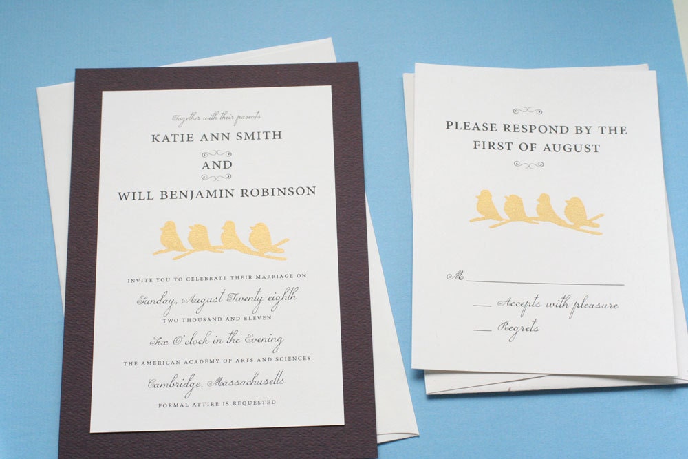 Four little birds screen-printed in metallic gold wedding Invitation