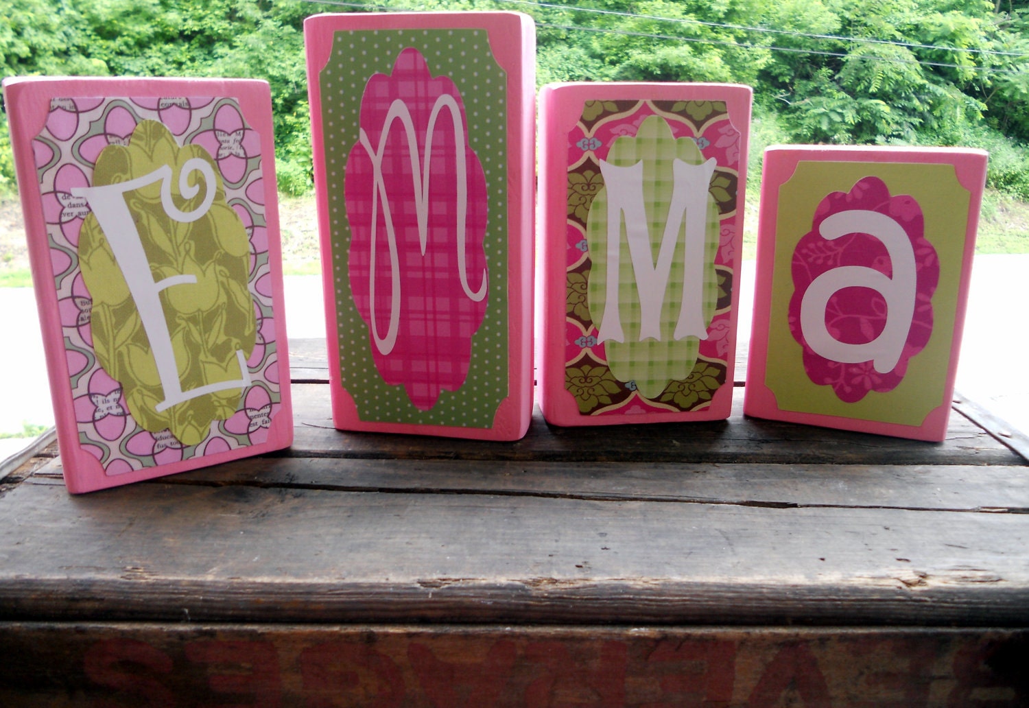 Boys or Girls Name Personalized Letter Blocks Various Sizes in Double Pattern Decoupage Style
