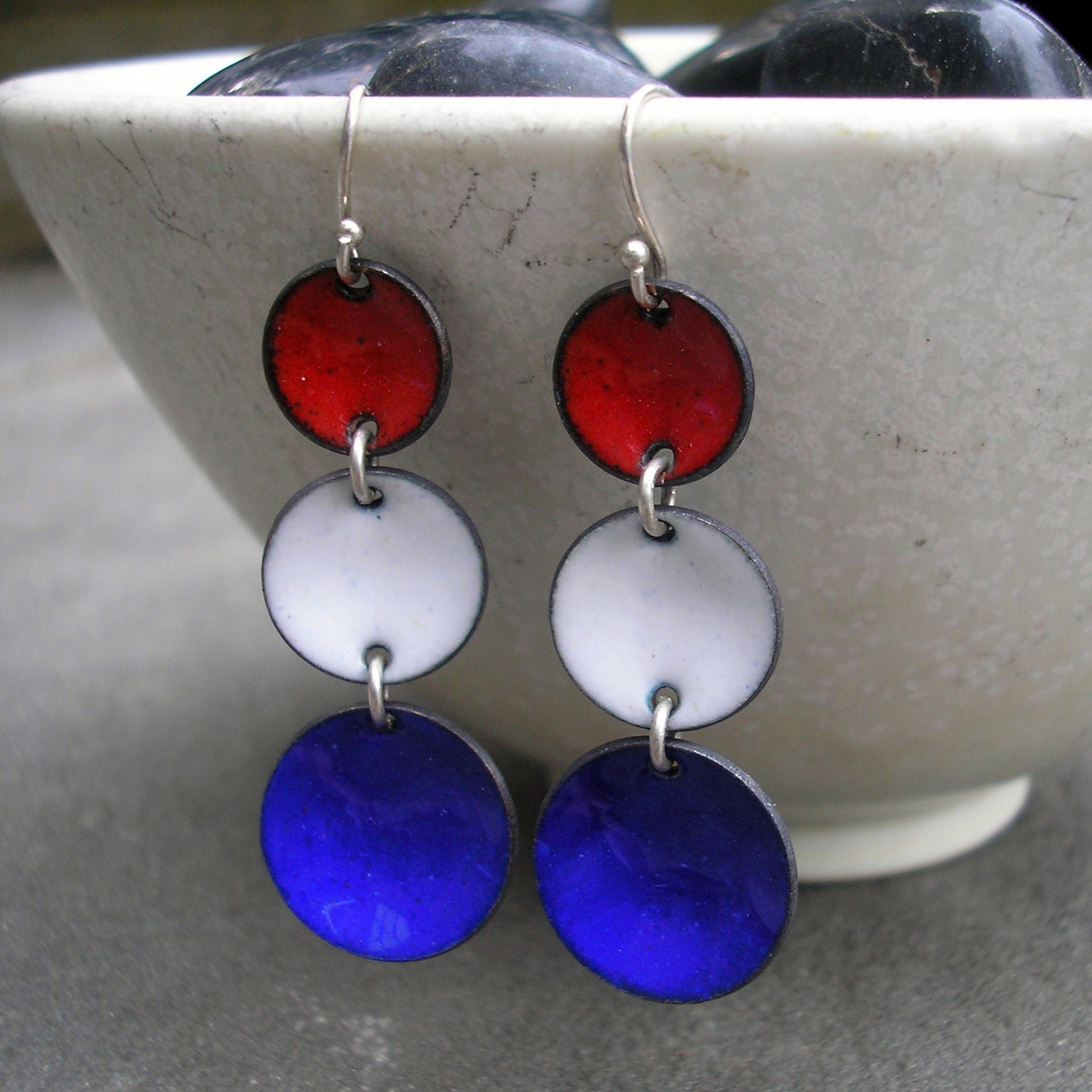 Handmade Red, White, and Blue Enamel and Sterling Silver Dangle Earrings