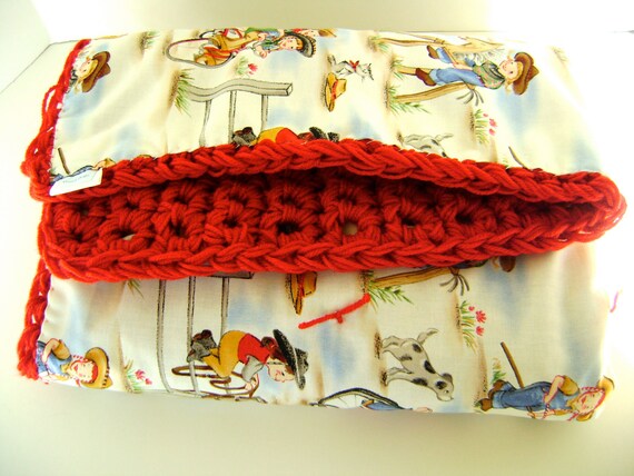 Michael Miller - Reversible Hand Crocheted Crib Blanket - Lil' Cowgirl Great for Leo or Virgo Birthday