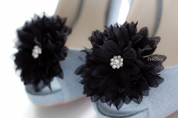 ISABEL- Crystal Bloom Chiffon Flower shoe clips in Black