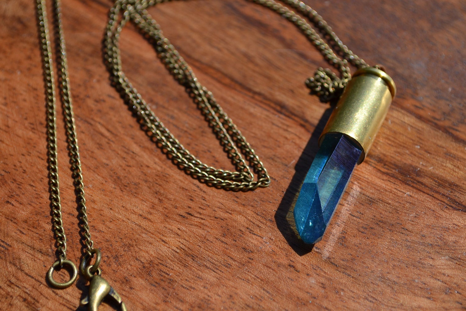 Stunning Aqua Aura Crisp Clear Blue Crystal Bullet Casing Necklace