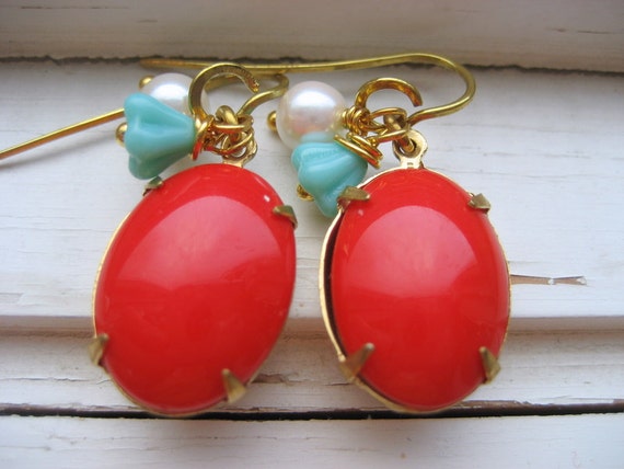 Madrid. Tomato Red Vintage Cab Aqua Glass Flower and Creamy Pearl Earring 14k Gold Ear Wires