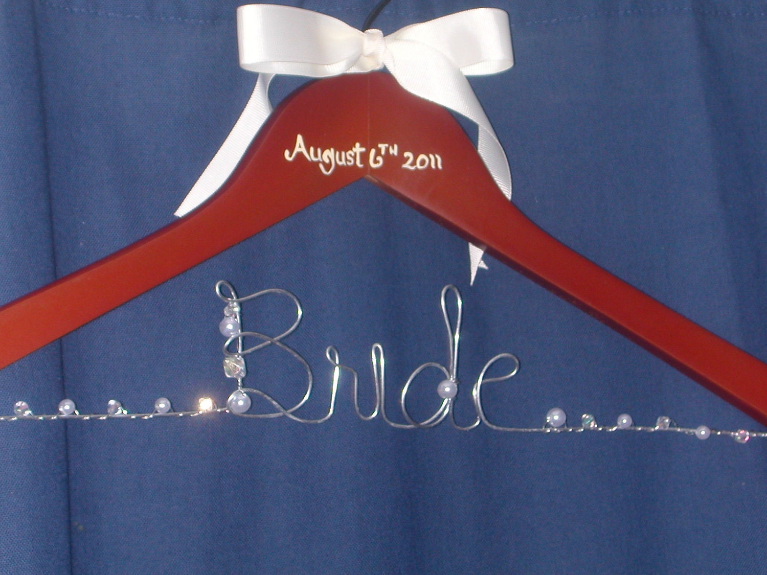 Artsy  Cherry Wood Bridal Wedding Dress Hanger Personalized with BRIDE and Wedding Date....Embellished with Beads