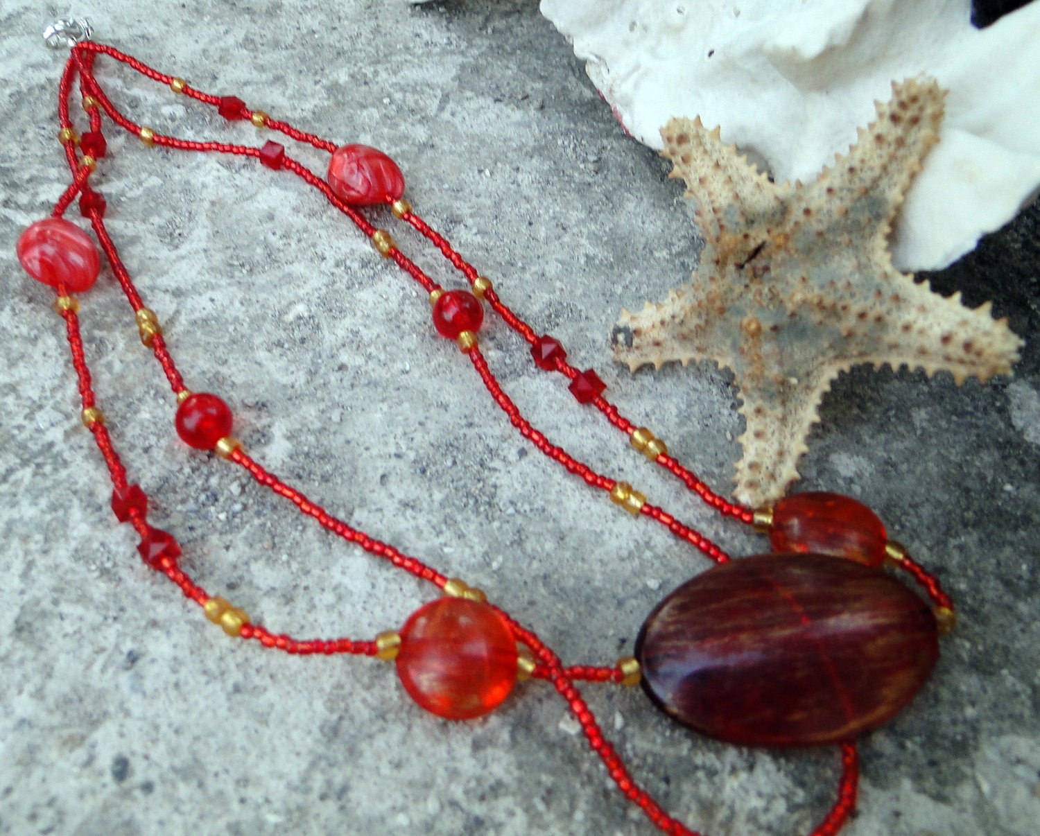 FRIDAY SALE   Jamaican Miss Hattie's Jam - Red and Gold Beaded Necklace