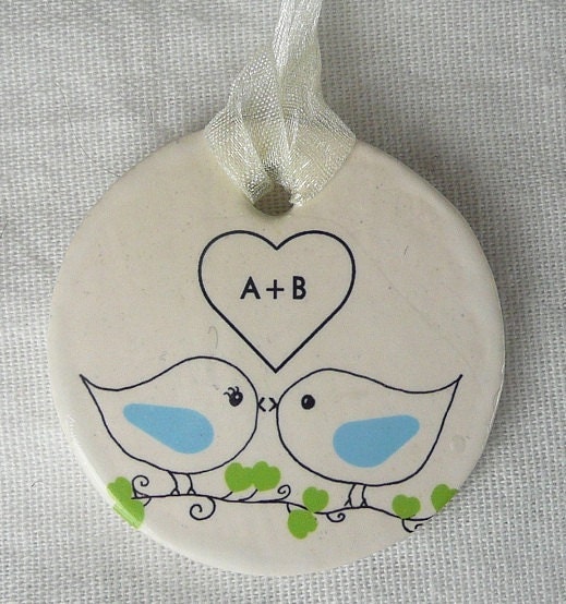 CUSTOM - Ceramic Bouquet Charm - Love Birds with YOUR initials . date on back