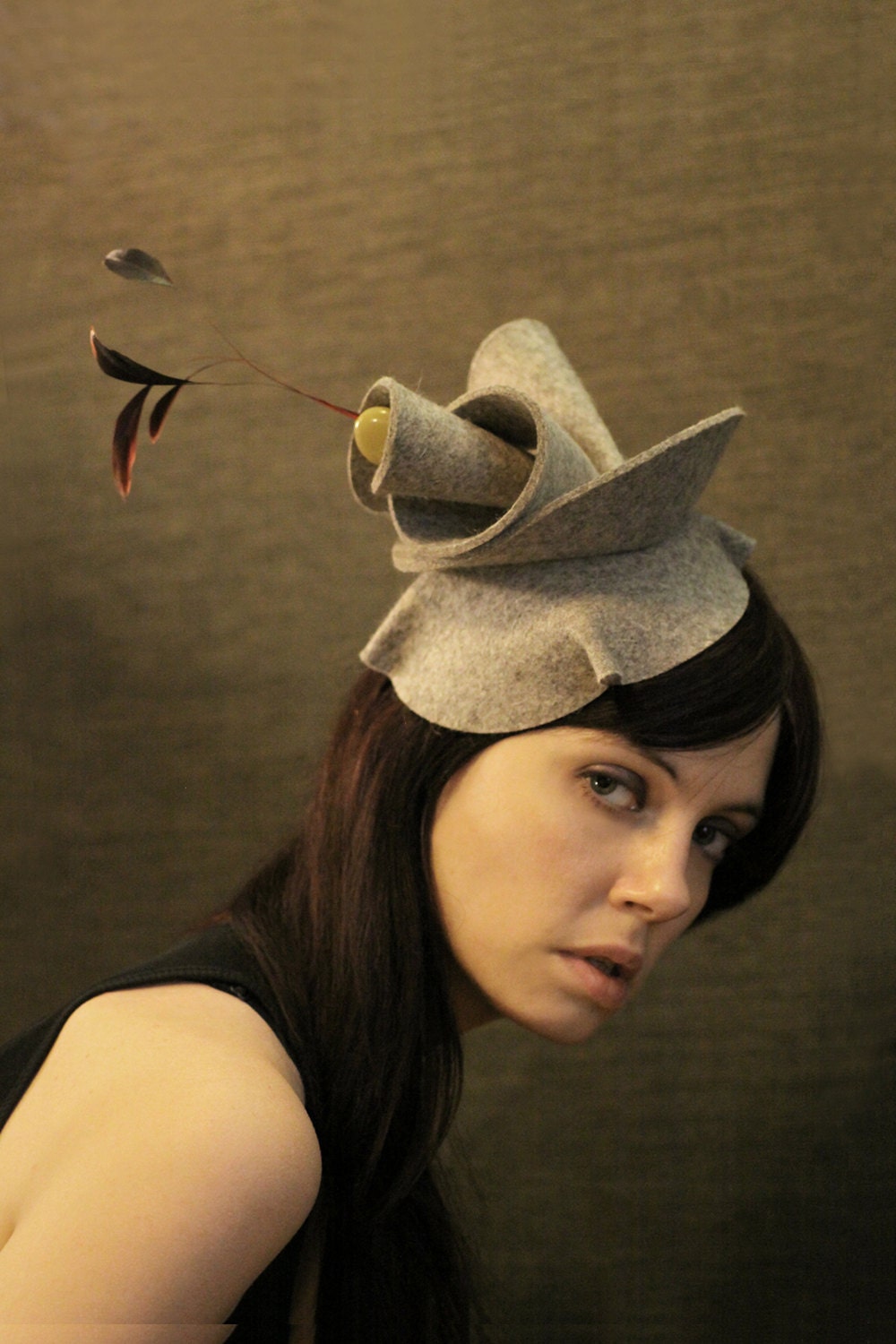 Sculptural Grey Felt Hat With Feathers-Architectonic Series