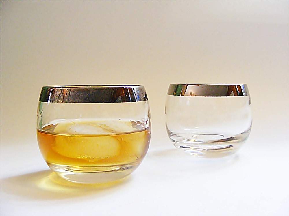 2 Vintage Roly Poly Cocktail Glasses, Silver Rim Old Fashioneds