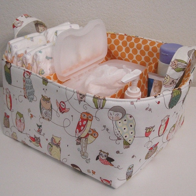 Ready To Ship ... Spotted Owl Natural Orange Full Moon Dot Fabric Organizer Bin Basket Diaper Caddy ..... with Dividers