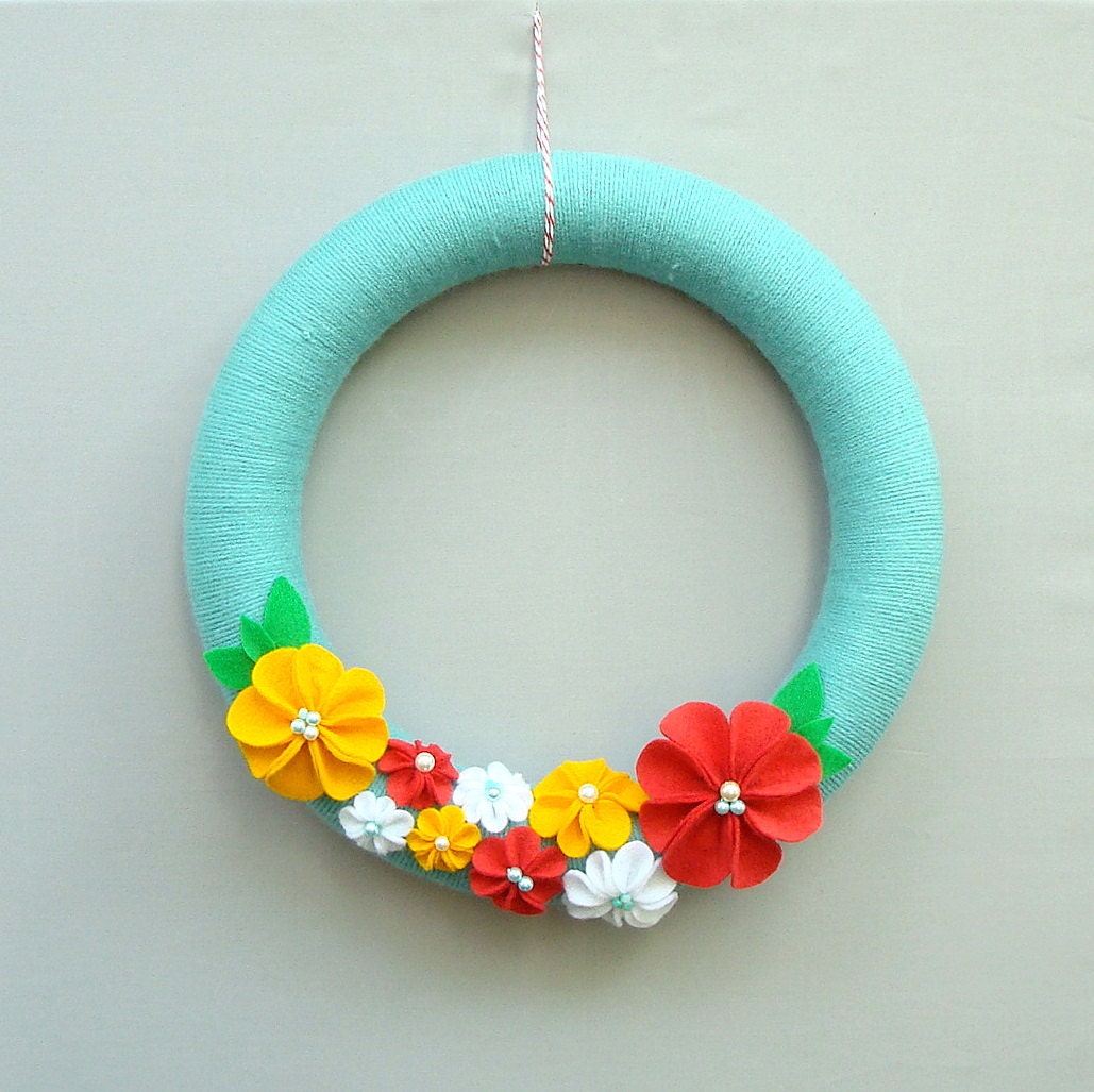 Yarns for Summer wreath and flowers Felt Robins Egg Blue, Coral, Yellow, White Felt Flowers - Love in Spring
