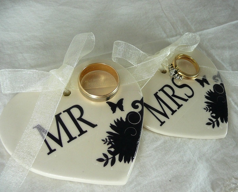 Set Of TWO heart shaped Ceramic Ring Bearer Discs - MR & MRS