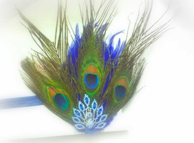 Electric Blue Peacock Swarovski Crystal Bling Hair Clip Elastic Headband Feathers Glam Diva Fits Ages Newborn through Adults