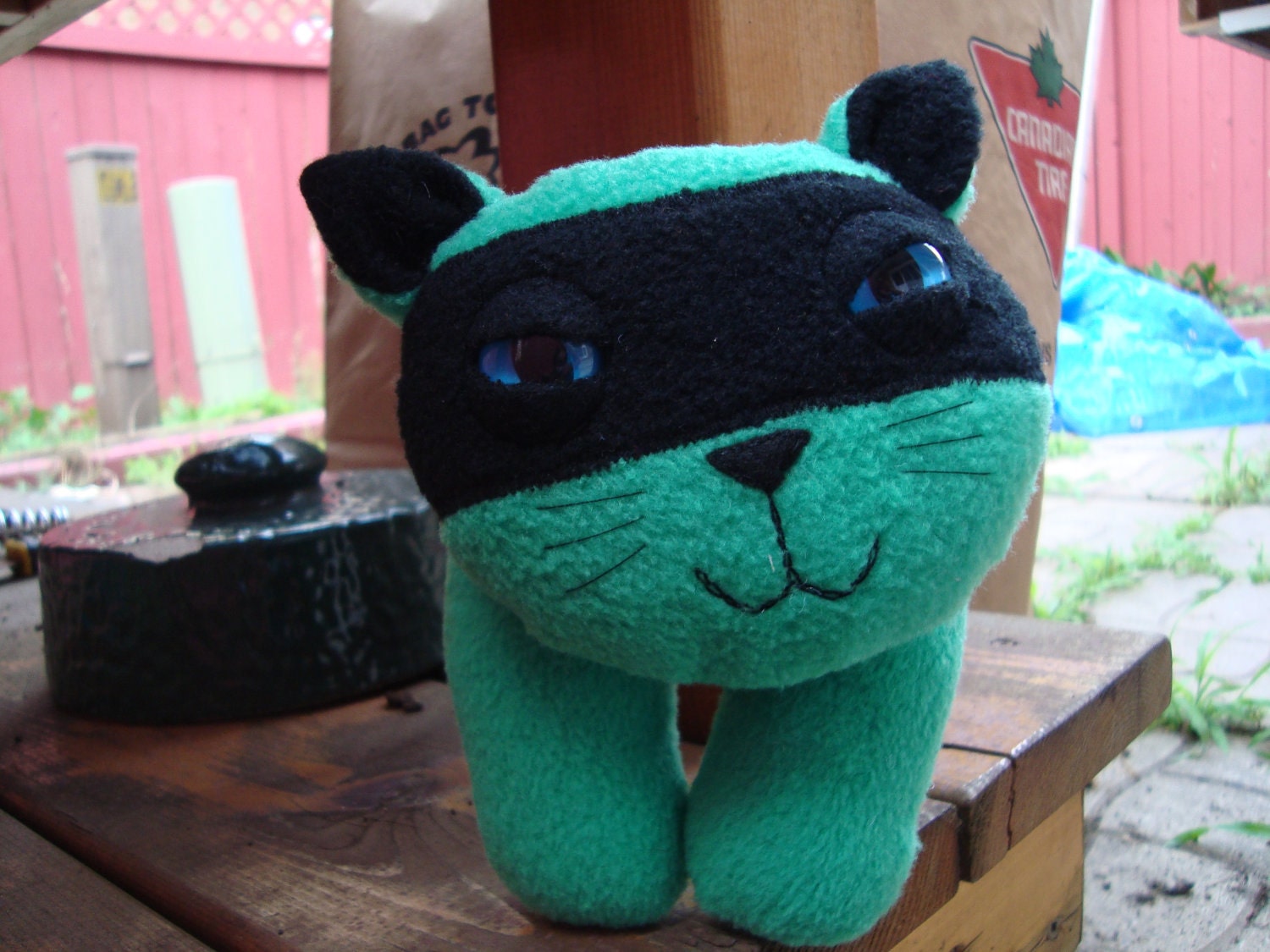 Stuffed animal plush ninja kitty cat in green and black fleece - Kito