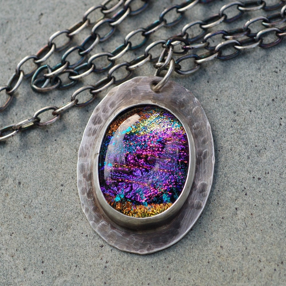 Sterling Silver Bezel Set Dichroic Glass Cab Pendant Necklace Summer Vacation