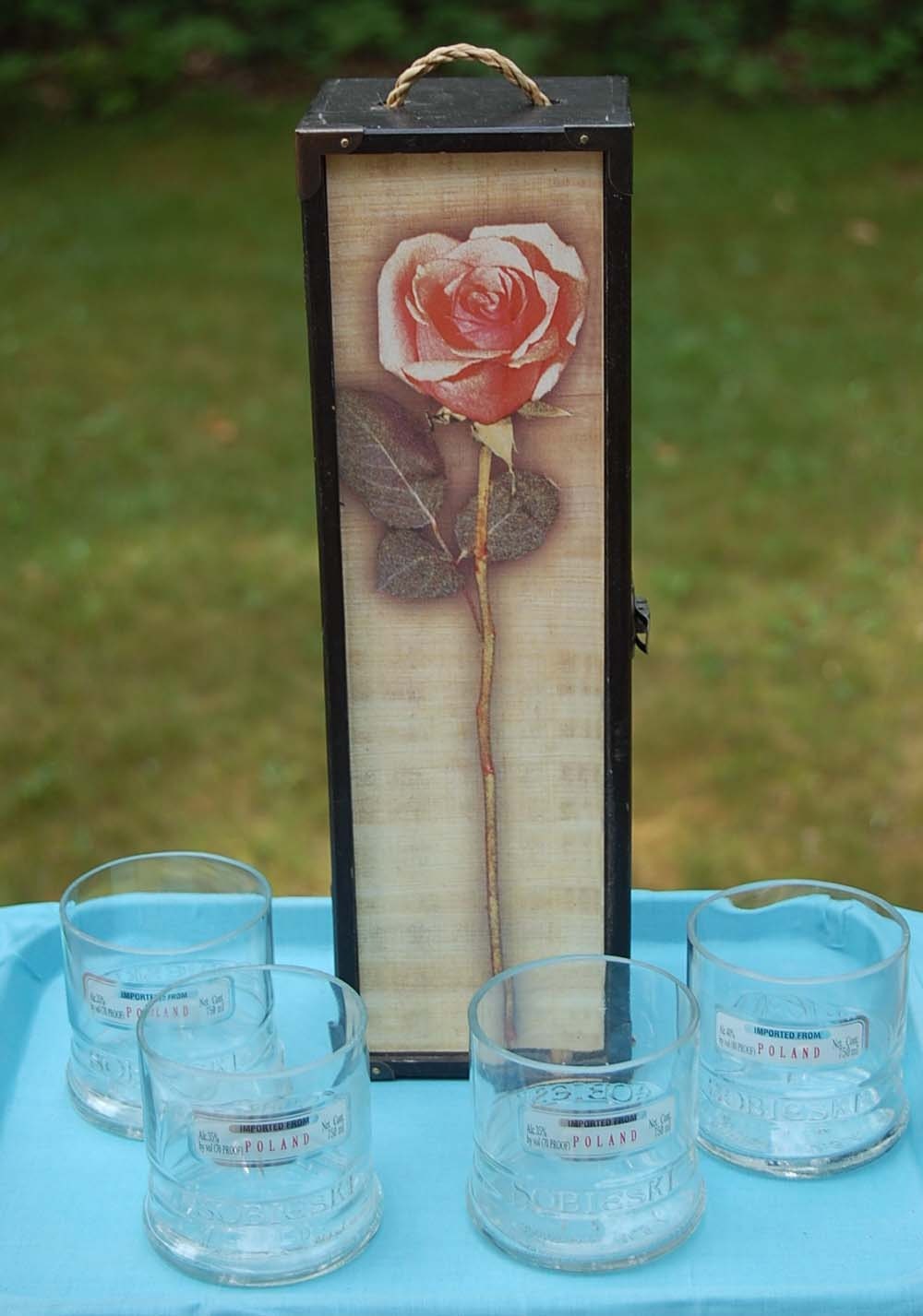 Rose Gift Box with  4 Sobieski Polish Vodka On the Rocks Glasses