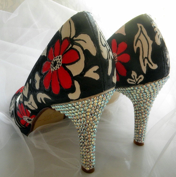 Wedding shoes painted damask red anemones Swarovski heels