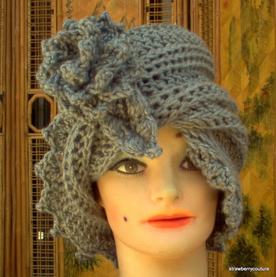 Twisted Cloche Hat in Gray Flower Brim Flared by strawberrycouture flower