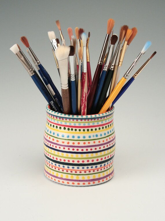 Hand Thrown Vase Holder Container Crock for Pens, Pencils, Brushes, Flowers Stripes and Dots