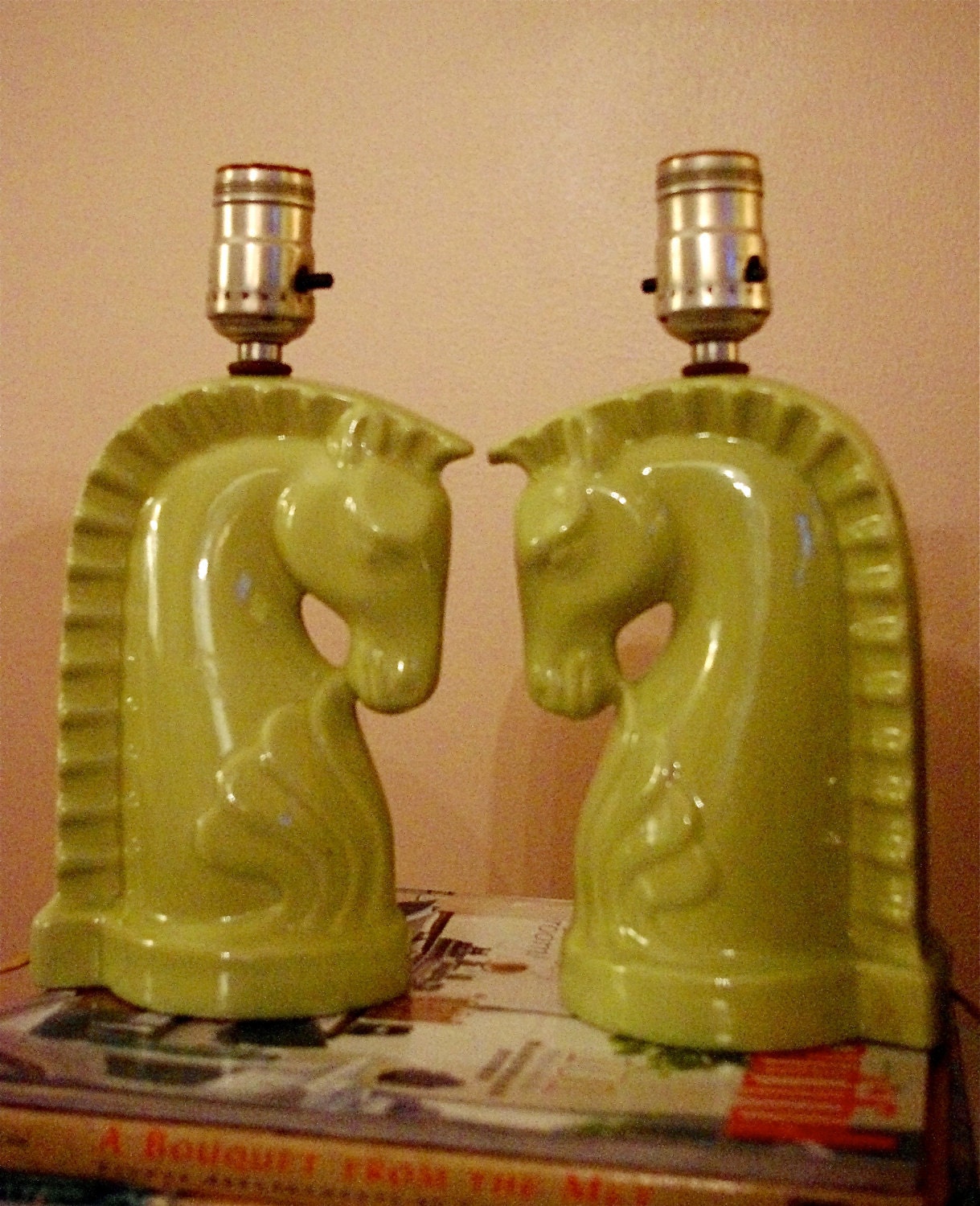 VINTAGE PAIR of Green Ceramic Horse Head Lamps