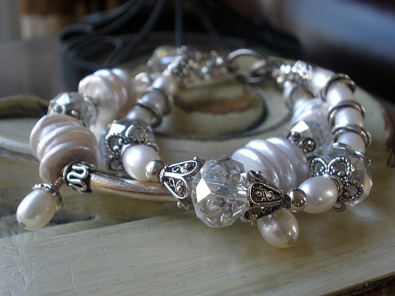 Pearl Bracelet with crystals and sterling silver