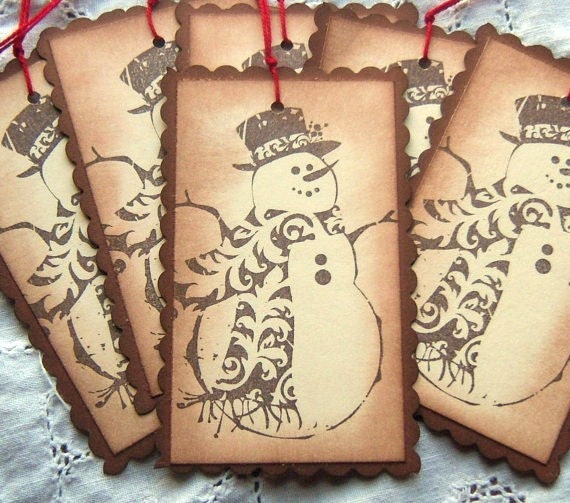 Snowman Hang Tags - Brown, Manila, Hand Aged - Vintage Inspired
