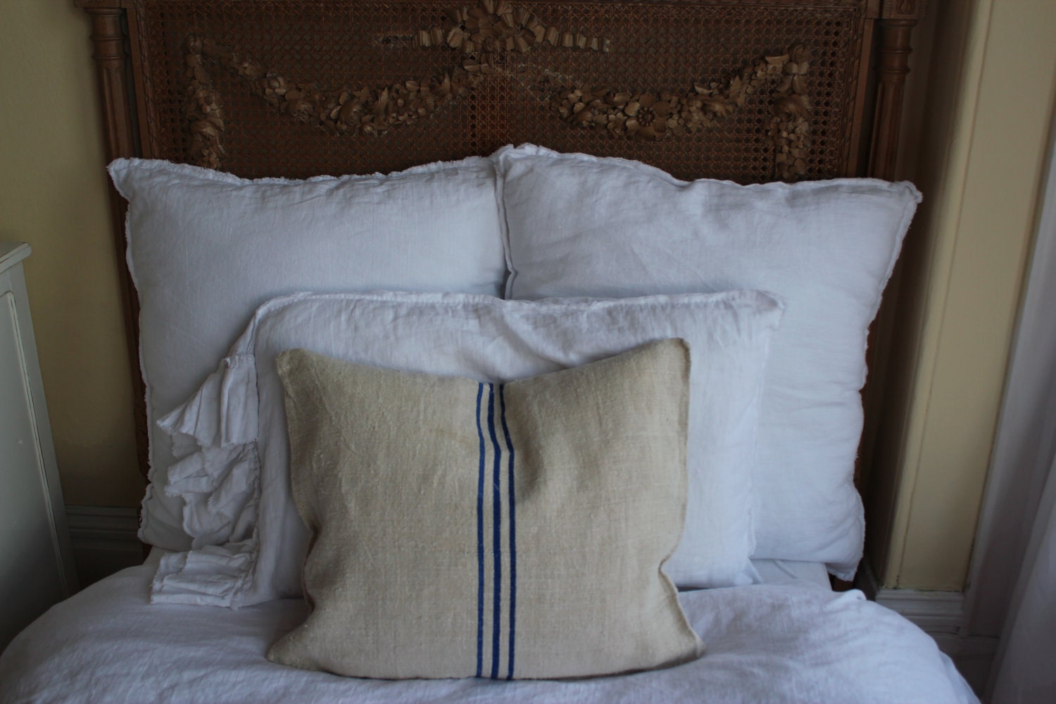 Vintage European Grain Sack Pillow Blue Striped